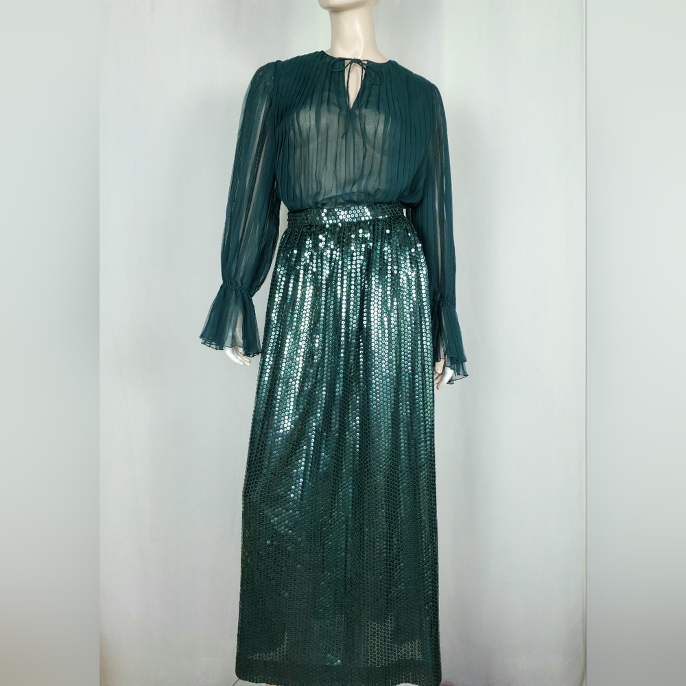 Vtg 70s Oscar de la Renta top & sequin skirt 2pc set green S